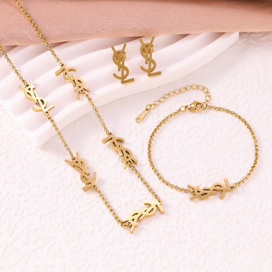 Wholesale 18K Gold Stainless Steel Yangshulin Letter Necklace Bracelet Earrings Set Fashionable Titanium Steel Non-Fading Jewelry