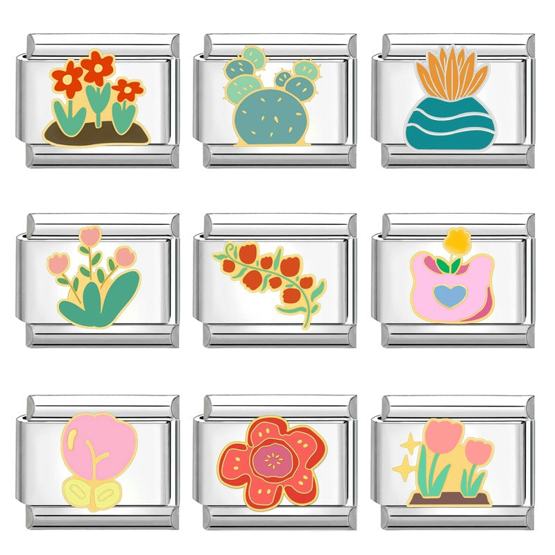 Wholesale Italian Charm Bracelet 9mm DIY Splicing Creative Flower Plant Stainless Steel Composable Bracelet