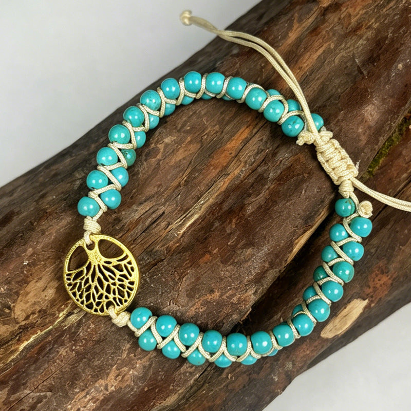 Wholesale Natural Stone Double Layer Woven Bracelet Tree Of Life Blue Turquoise Adjustable Drawstring Stylish Fashion Accessory
