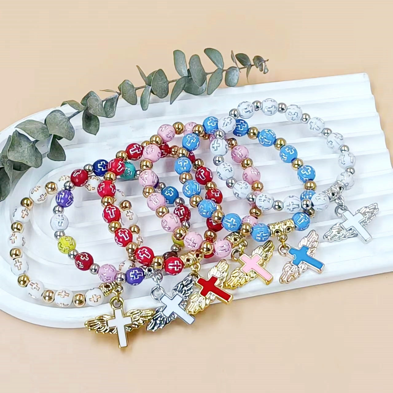 Wholesale angel wings cross beaded bracelet
