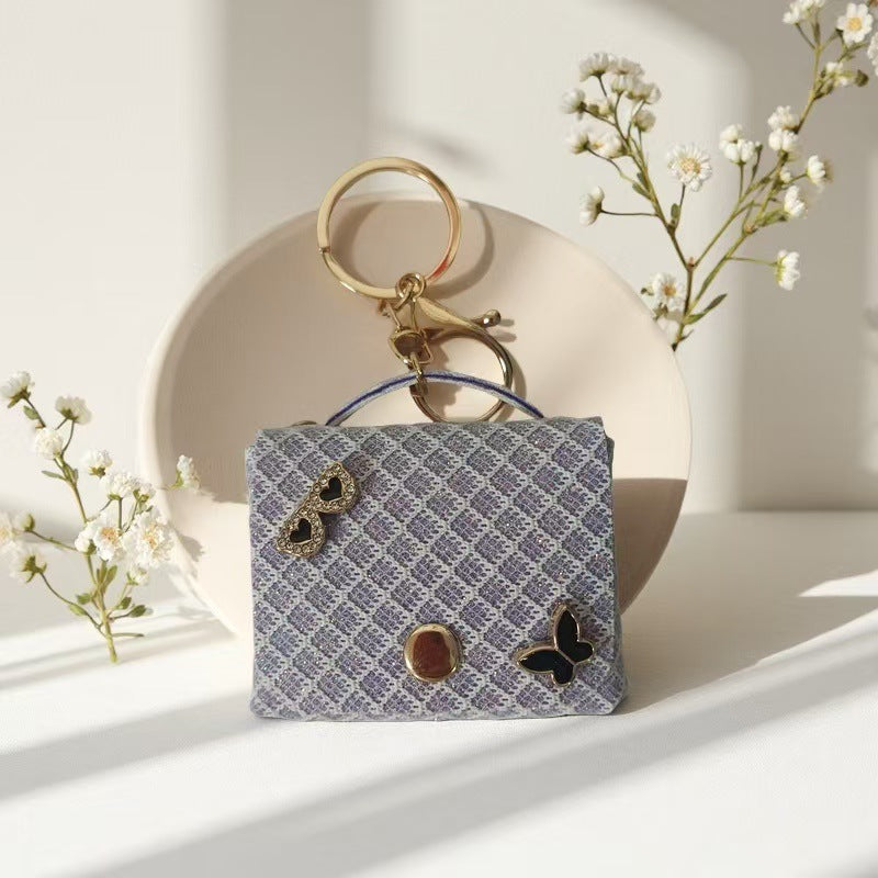 Wholesale Chic Pink Plaid Leather Keychain Bag Coin Purse With Keyring