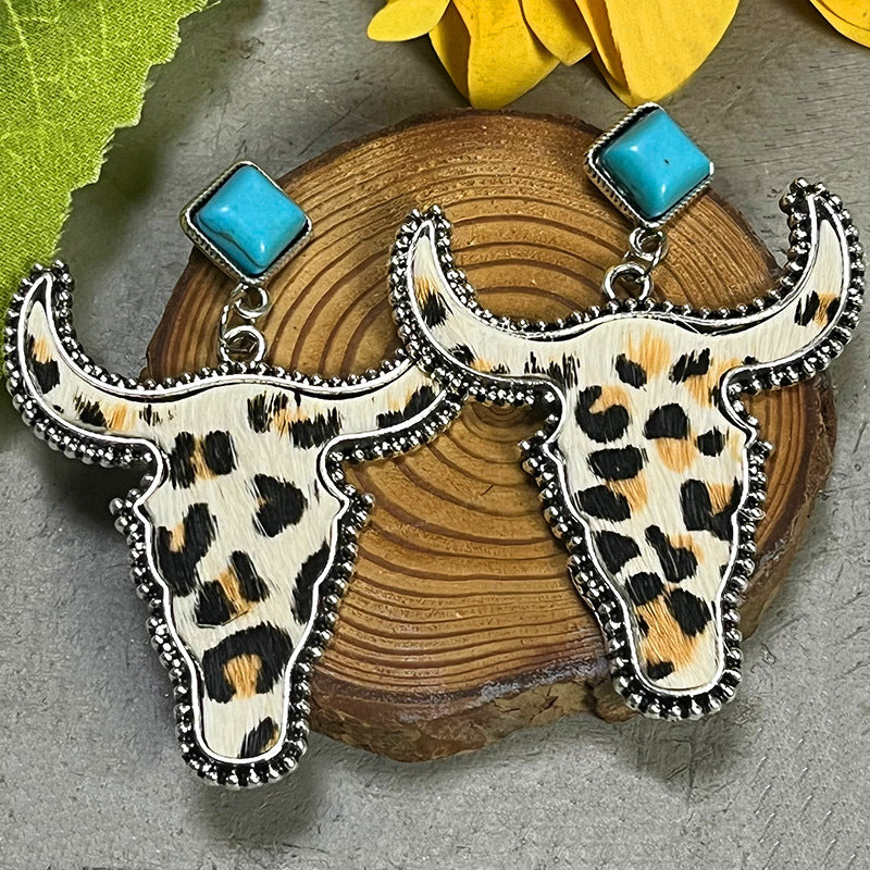 Wholesale 2PCS/ Pack Leather Western Style Horse Hair Turquoise Bull Head Earrings