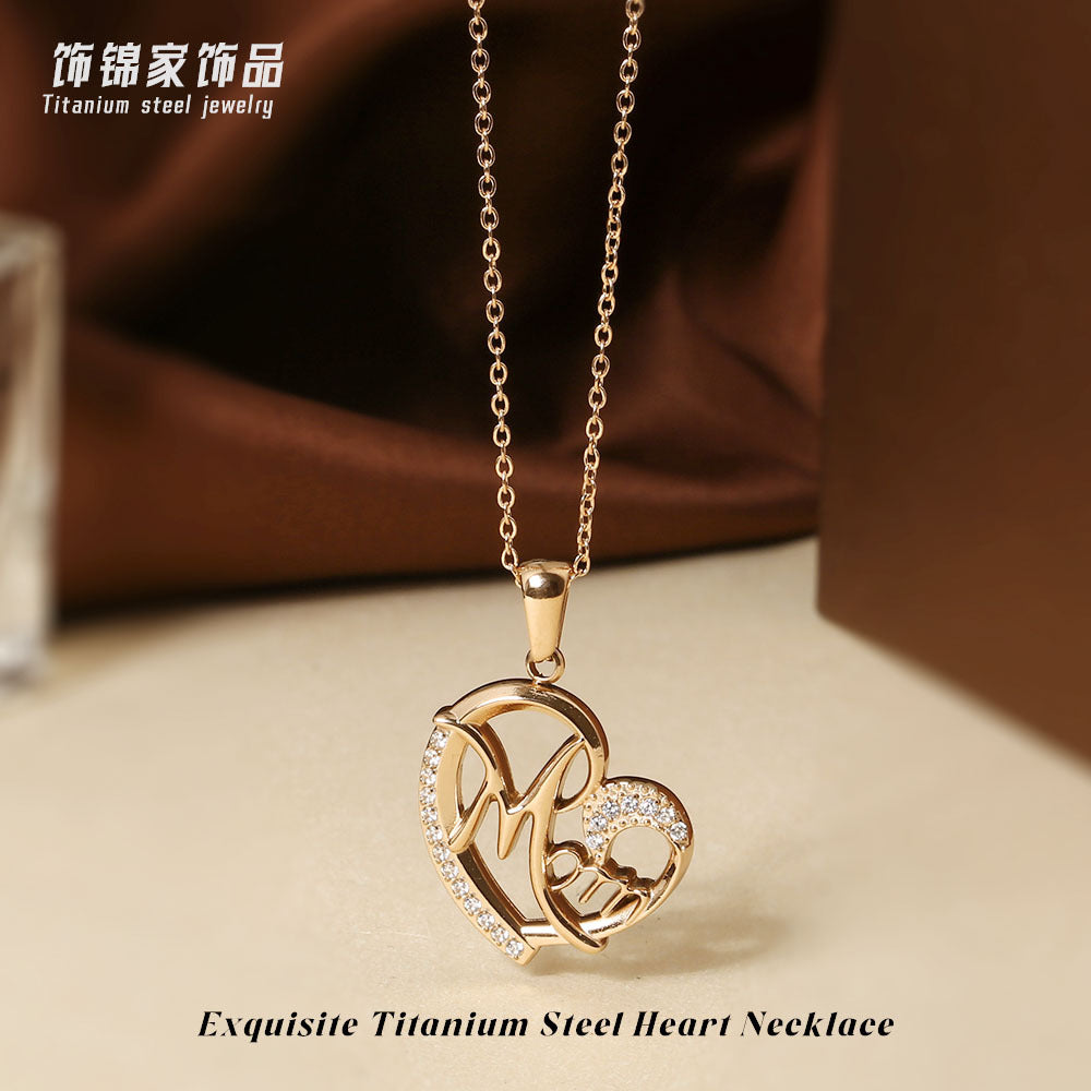 Wholesale Mother' s Day Titanium Steel Heart-Shaped Pendant Necklace with Zircon Inlay