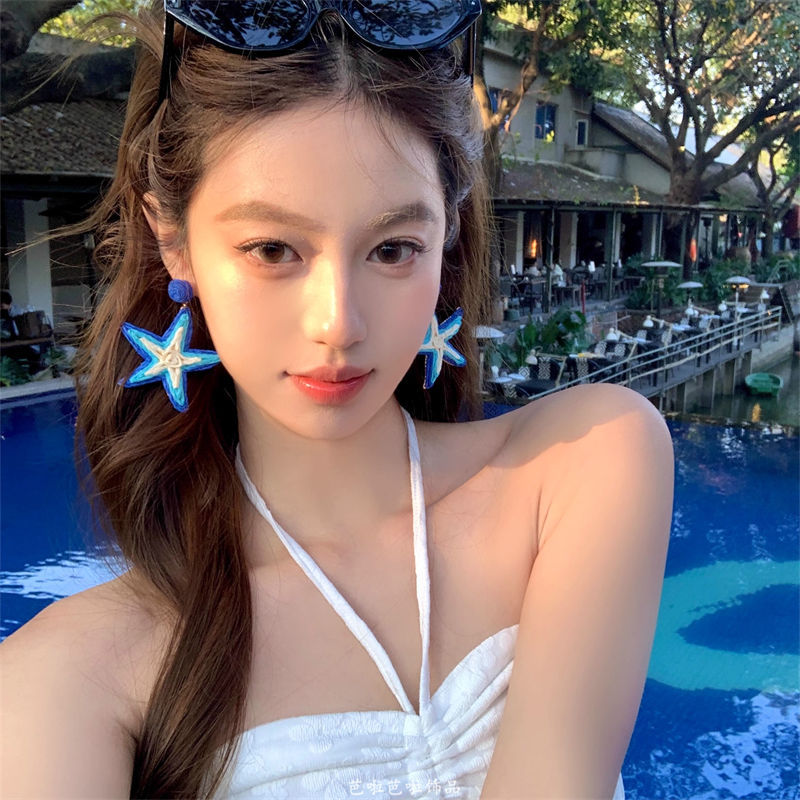 Wholesale Chic Blue Starfish Earrings,  Korean Style Jewelry Accessory for Party Wear or Beach Vacation