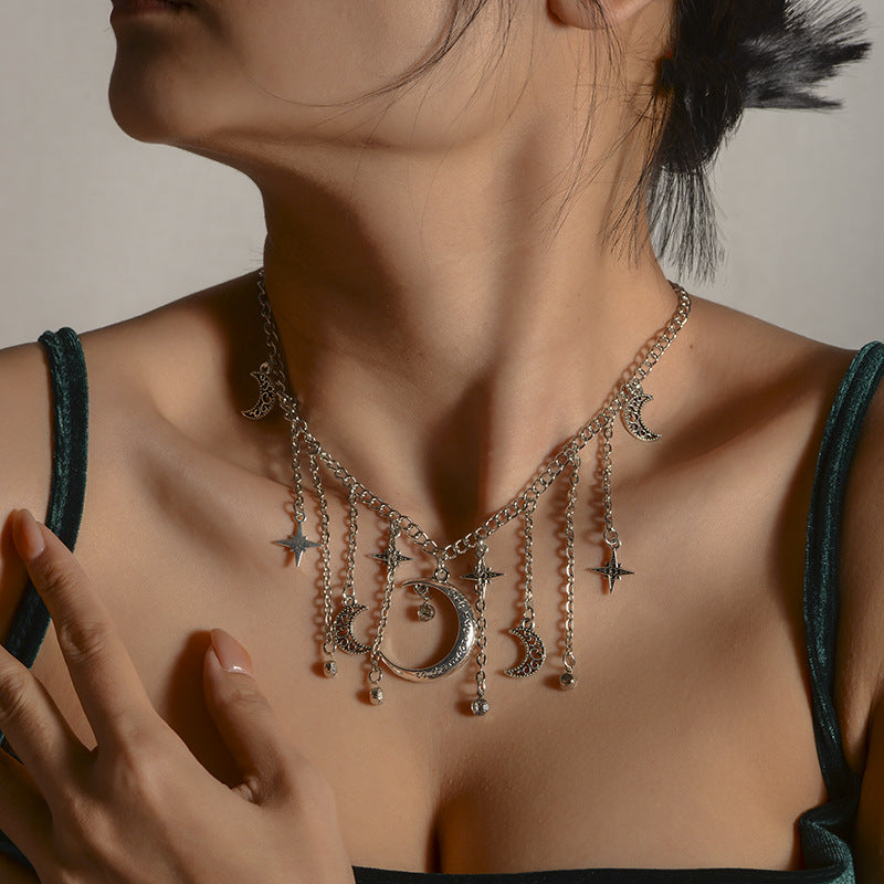 Wholesale Micro-inlaid Moon Necklace Star Tassel Clavicle Chain