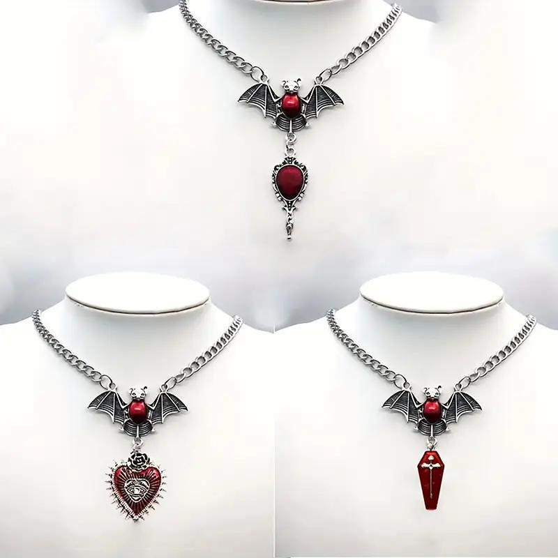 Wholesale Gothic Vampire Bat Pendant Necklace,  Red Blood Mirror Design,  Trendy Jewelry Accessory