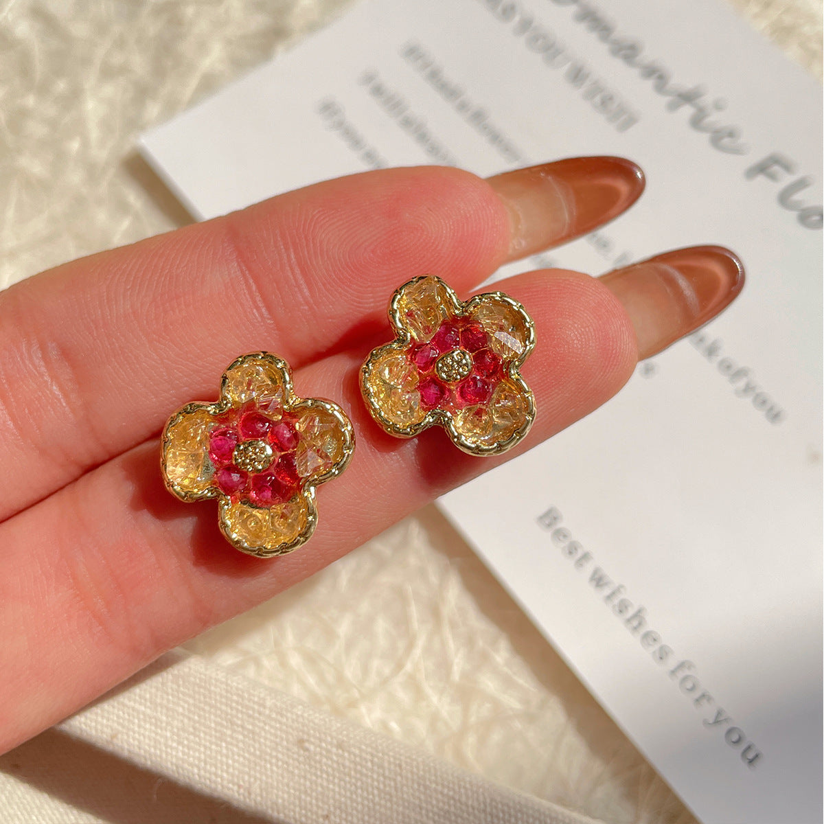 Wholesale Gradient crystal yellow flower earrings