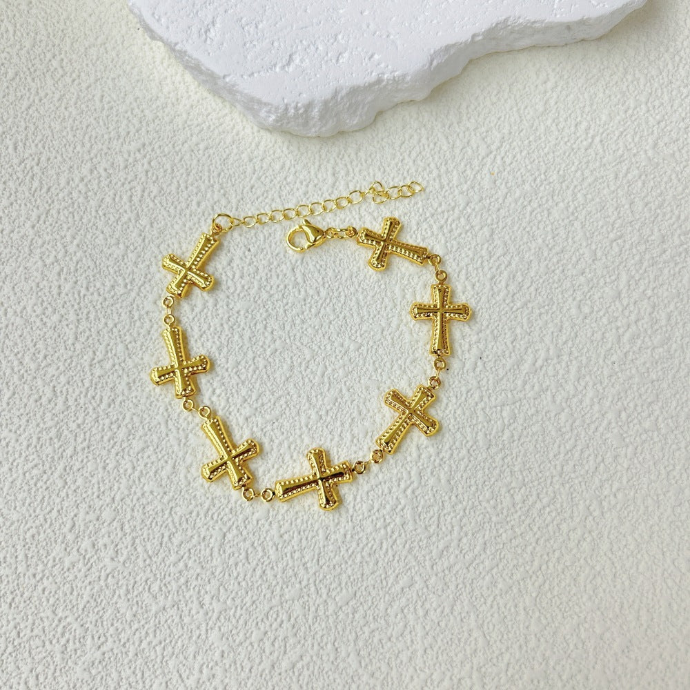 Wholesale  light luxury stainless steel three-dimensional hollow cross bracelet necklace suit