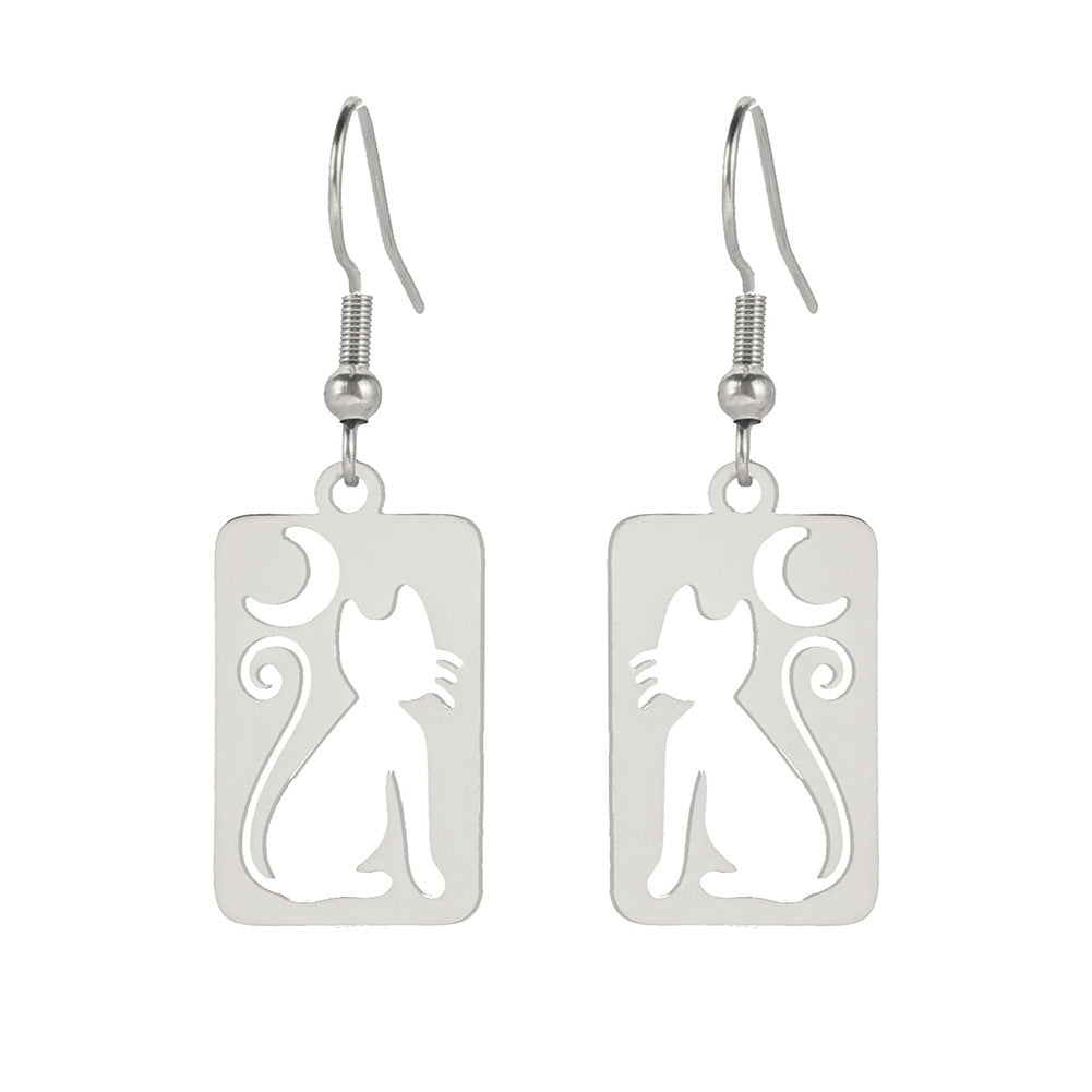 Wholesale Cat Crescent Hollow Pendant Stainless Steel Earrings Fashion Accessory