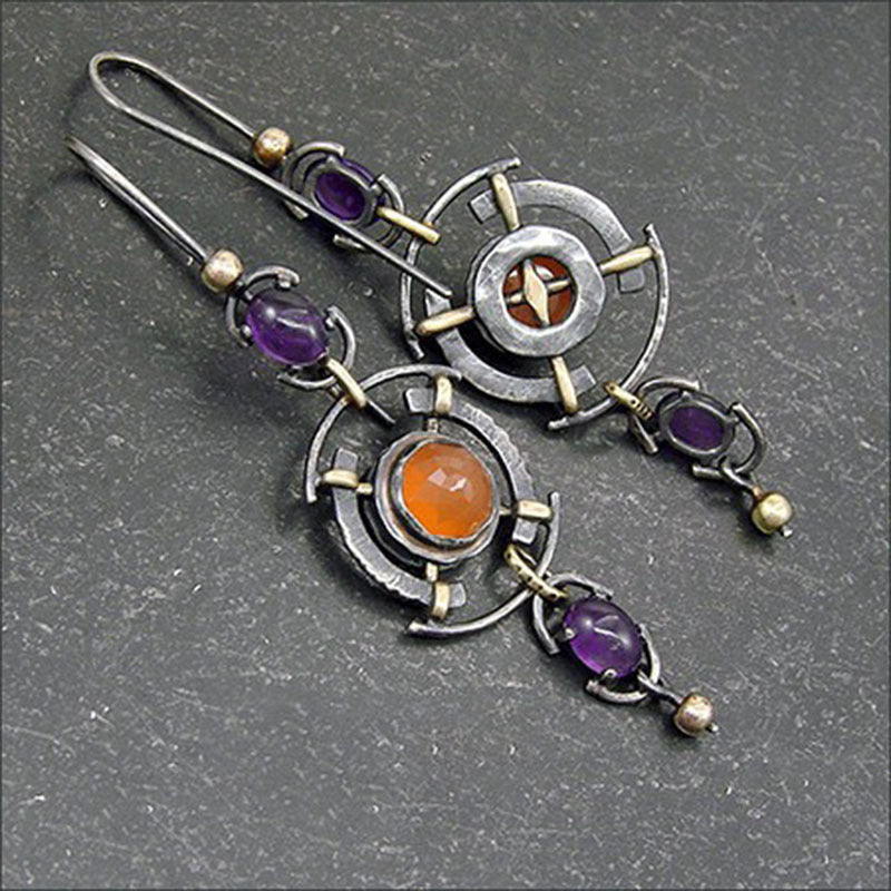 Wholesale Retro fashion orange dark purple gem geometric pendant earrings