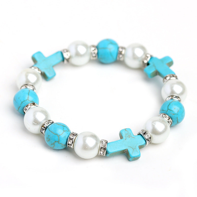 Wholesale Pearl Cross Turquoise Hand Decoration High Street Punk Bracelet ACC-BT-Chengz002
