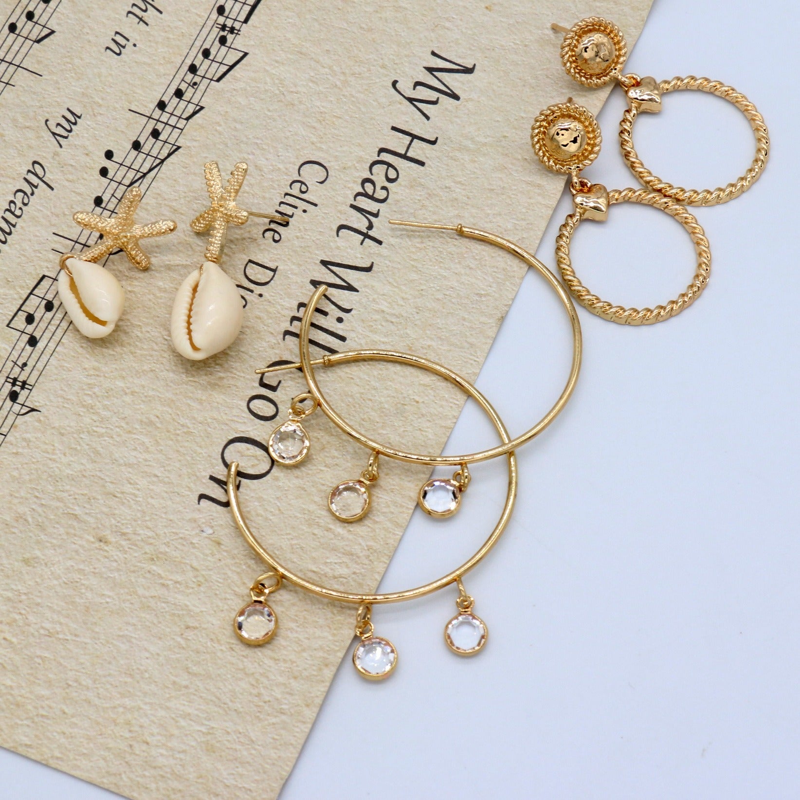 Wholesale  Summer Beach Shell Starfish Circle Alloy Rhinestone Earrings suit