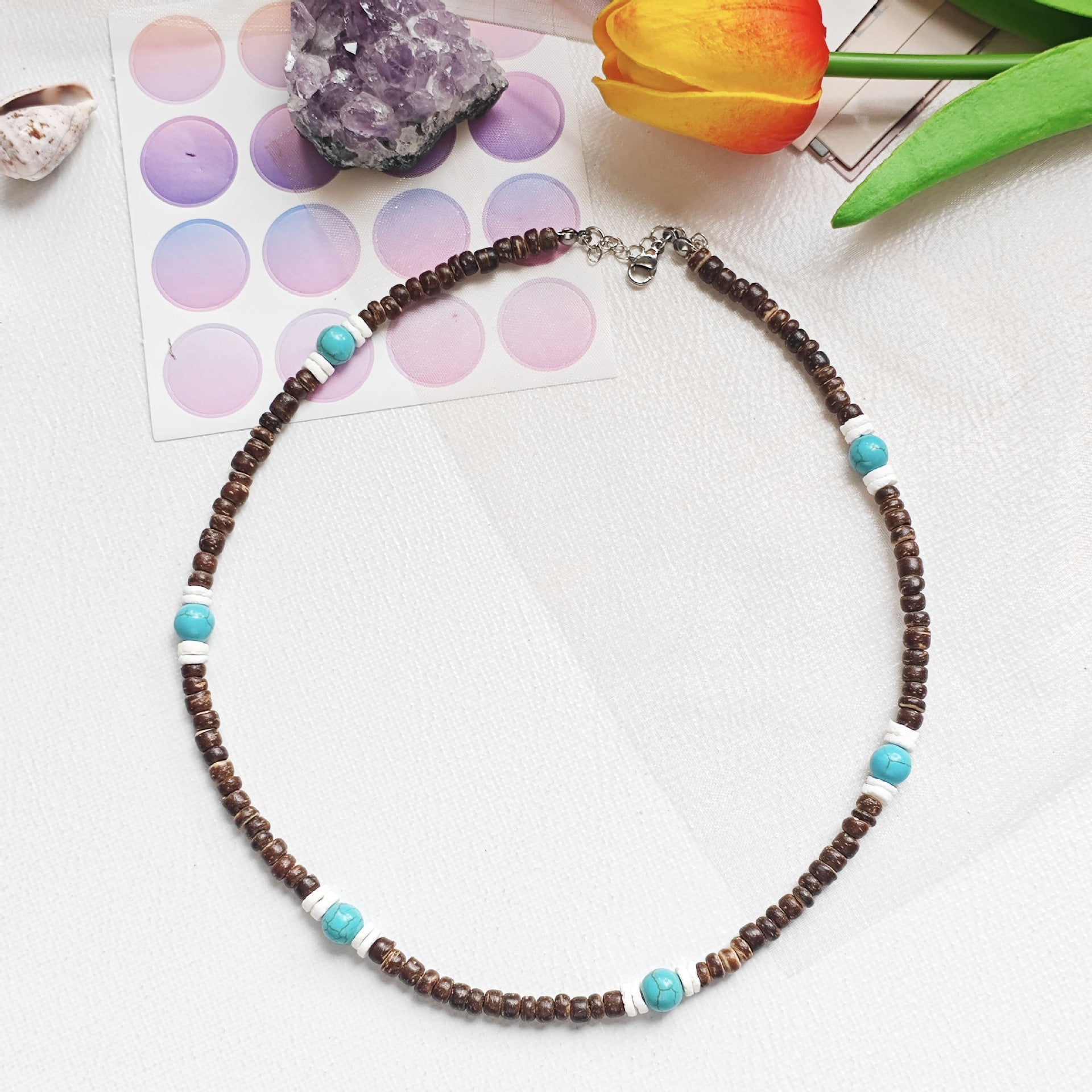 Wholesale Boho Style nut Shell Turquoise Necklace Stainless Steel Jewelry Accessory for Men Women