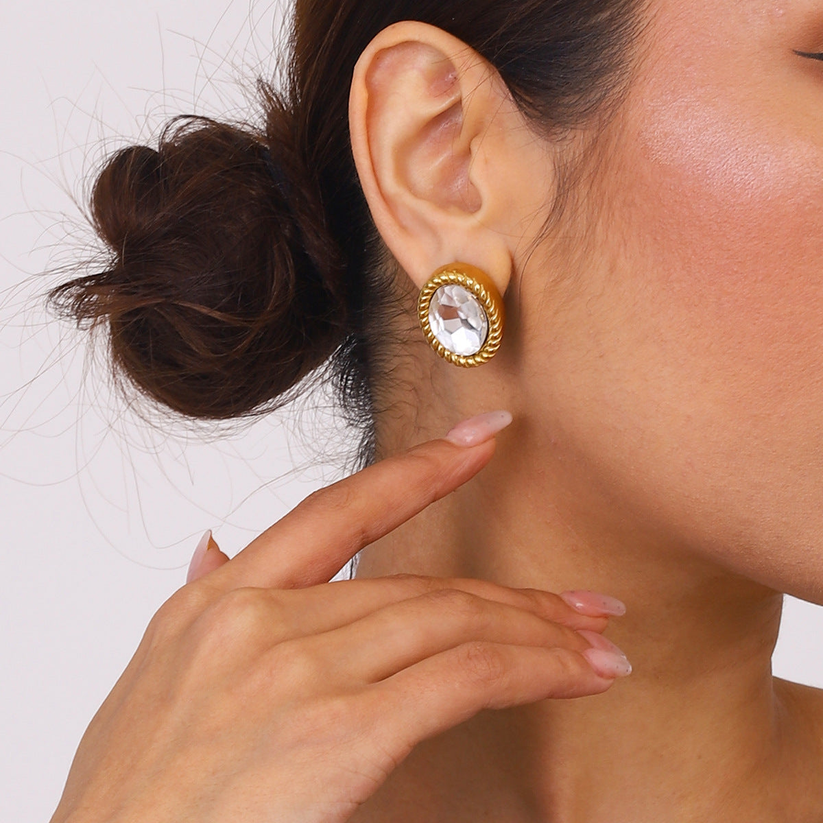 Wholesale 18k gold stainless steel oval glass stone earrings