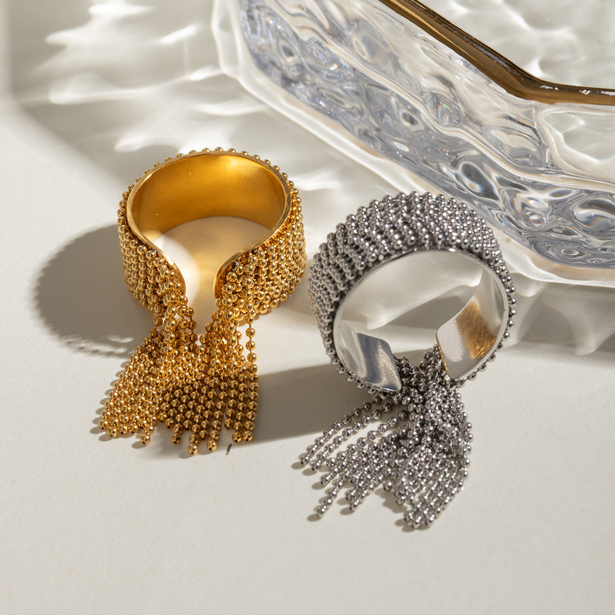 Wholesale  light luxury  18k gold stainless steel eight-layer round bead tassel open ring