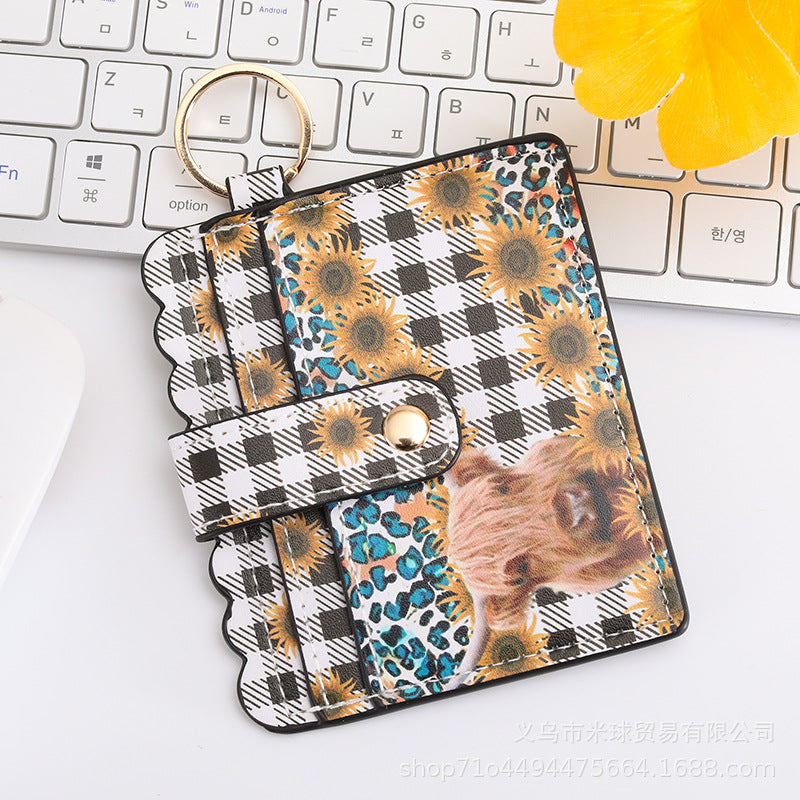 Wholesale Western Style Sunflower Cow Head Cow Pattern Cactus PU Pickup Bag Keychain ACC-KC-MiQiu002