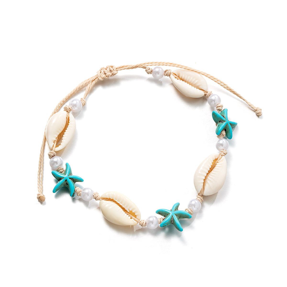 Wholesale Vintage style turquoise starfish shell pearl waterproof wax line adjustable anklet