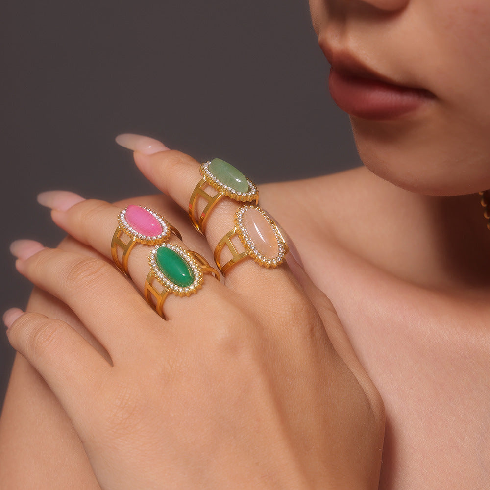 Wholesale Titanium Steel 3A zircon inlaid natural stone open ring