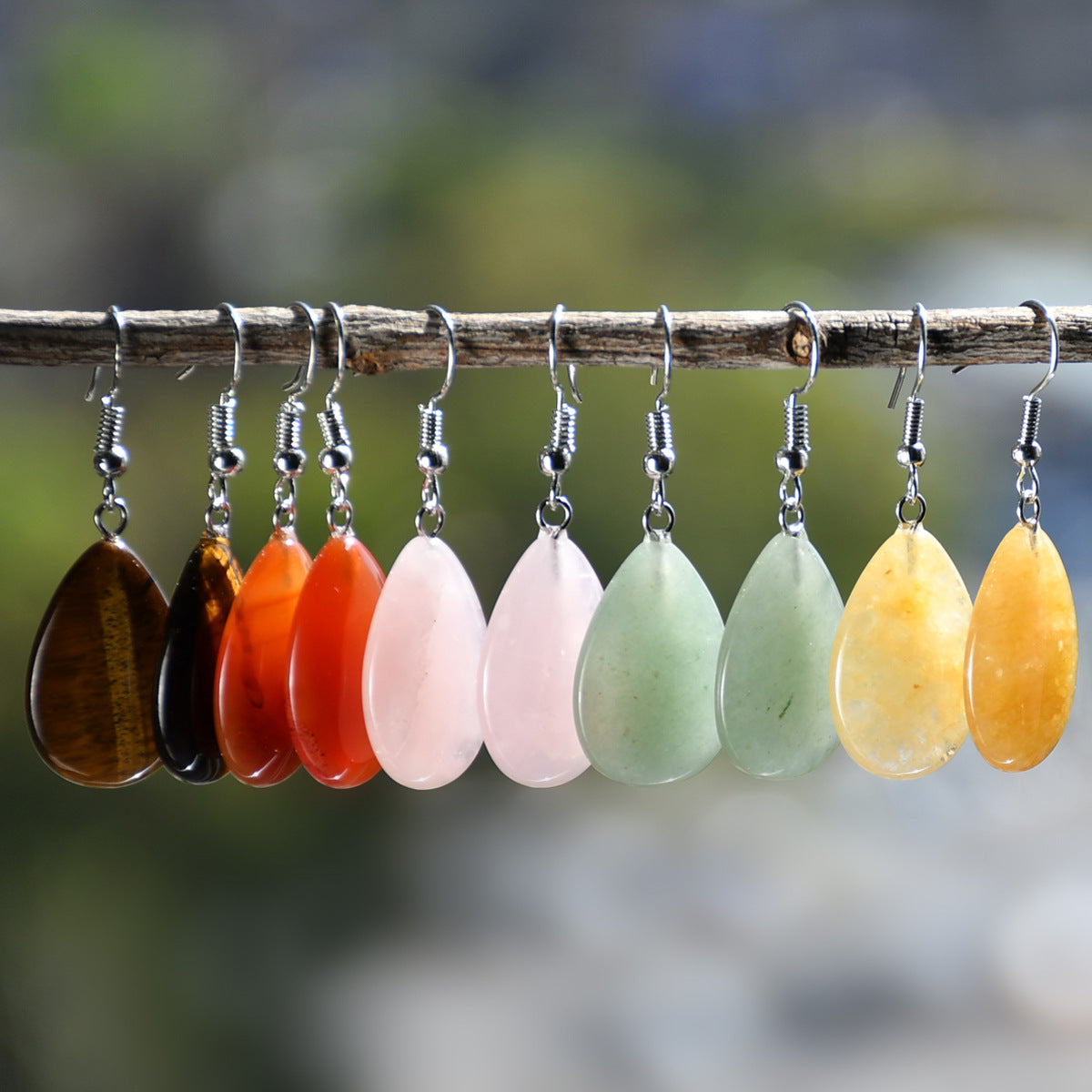 Wholesale Antique Water Drop Natural Stone Earrings - Pink Crystal and Green Aventurine Everyday Jewelry
