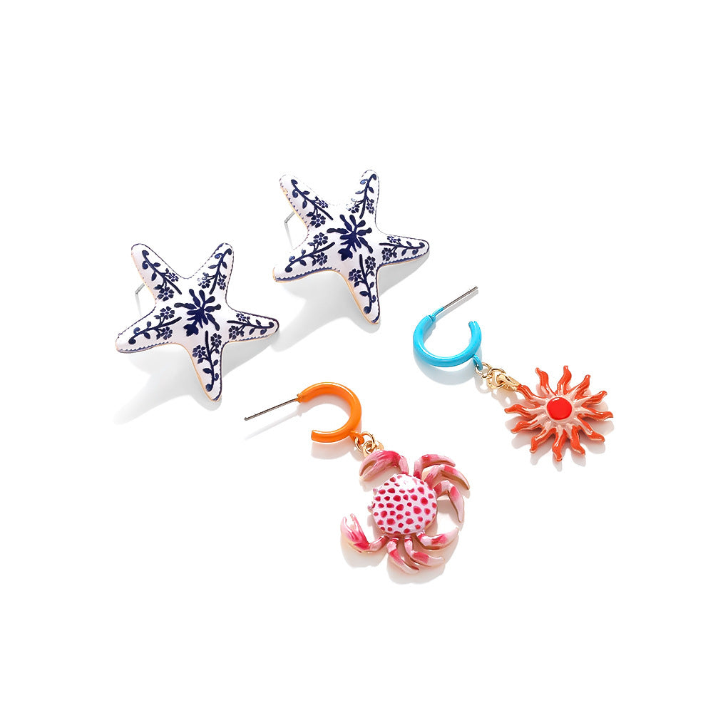 Wholesale Painted Blue and White Porcelain Starfish Crab Sun Earrings
