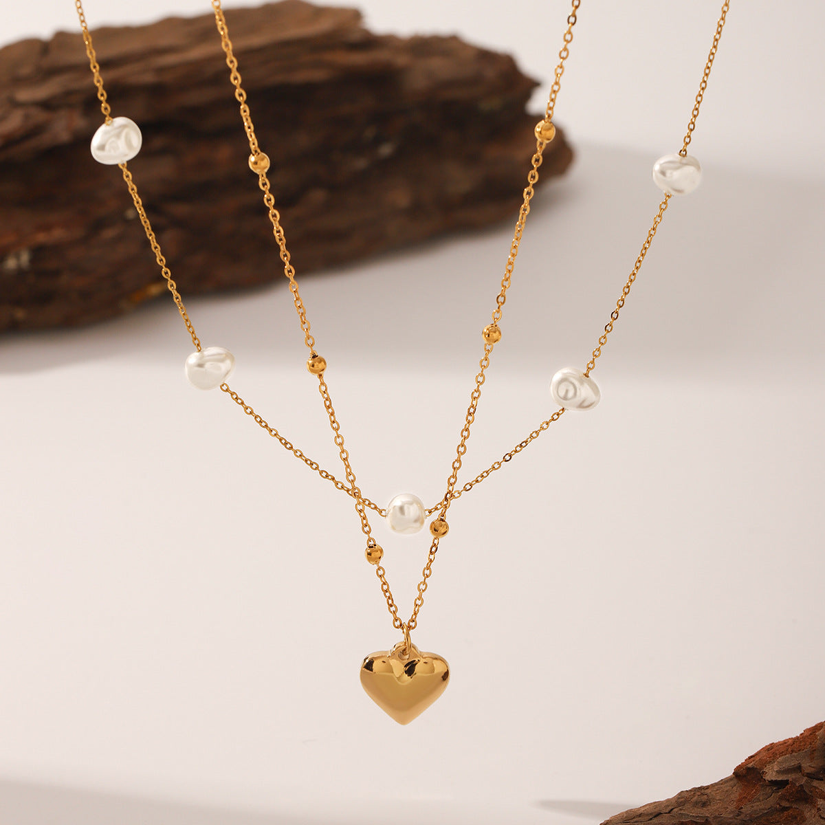 Wholesale  Stainless Steel 18K Gold Heart-Shaped Pendant Pearl Chain Ball Chain