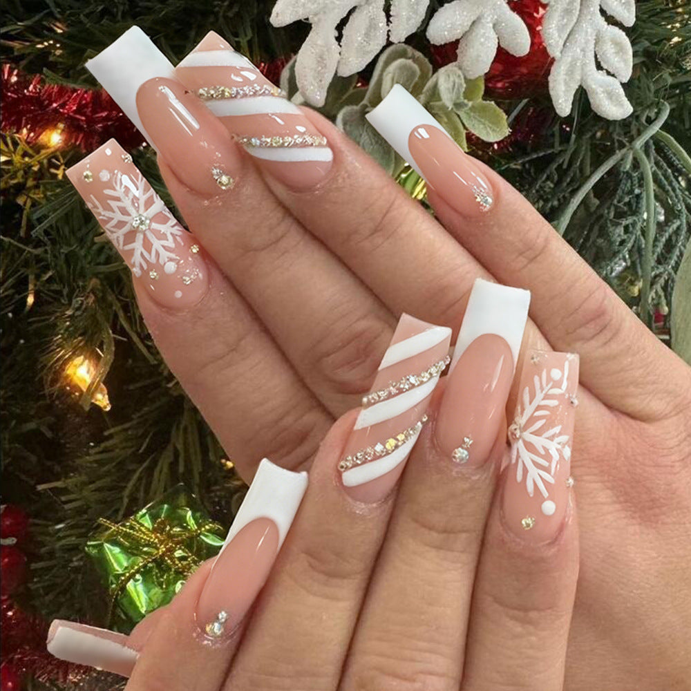 Wholesale 24 Piece White Plaid Snowflake 3D Rhinestone Press On Nails Trendy Party Fashion Accessory