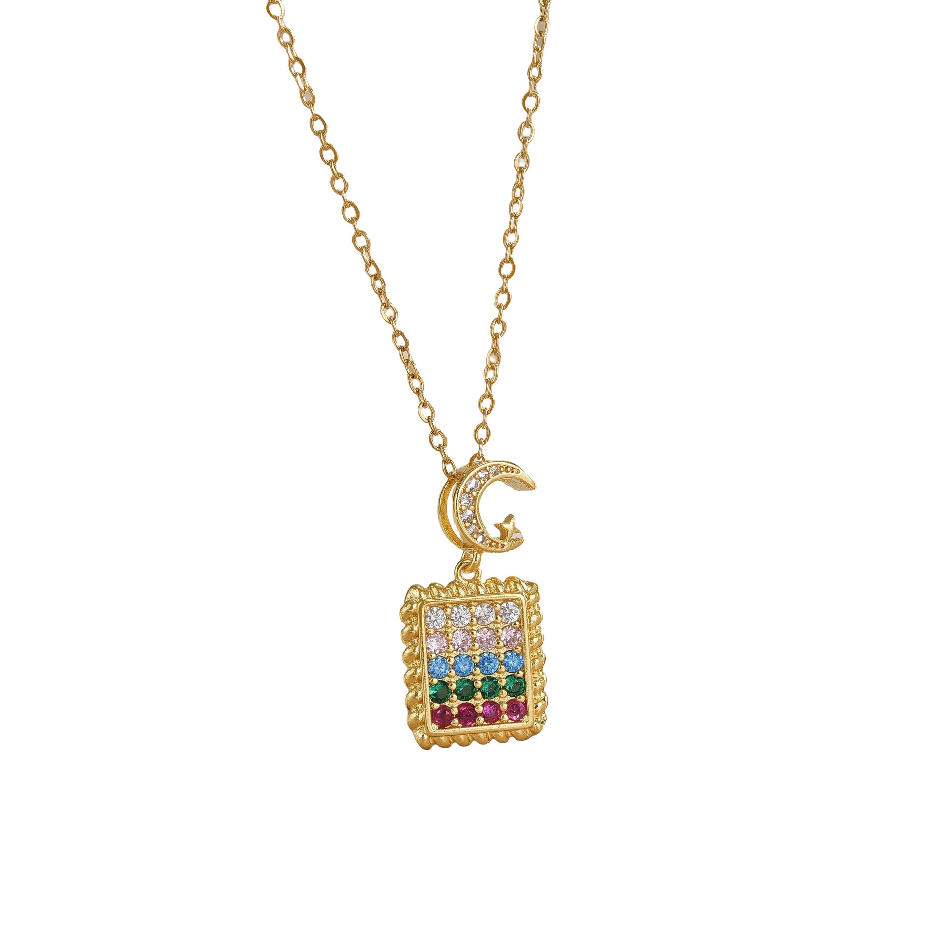 Wholesale  Copper Plated Gold Micro-inlay Color Zircon Moon Design Pendant Necklace