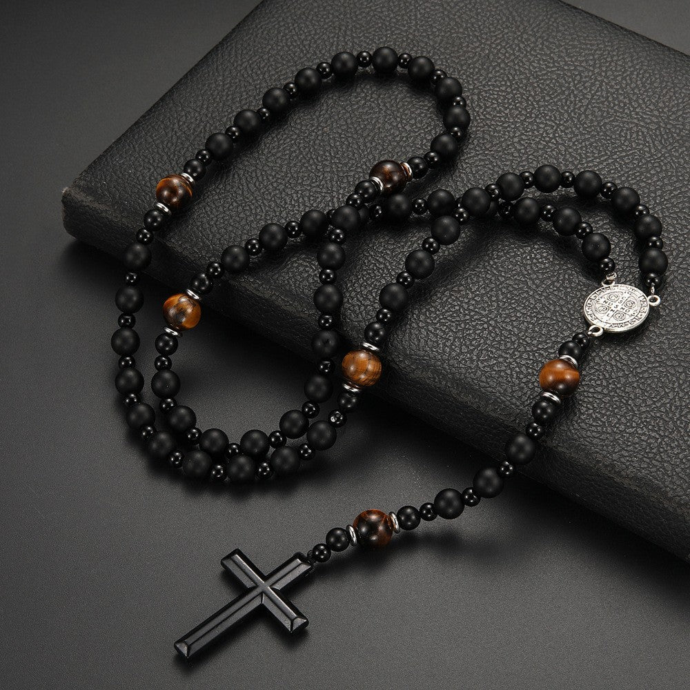 Wholesale Natural Stone Black Volcanic Rock Yellow Tiger Eye Iron Stone Cross Necklace