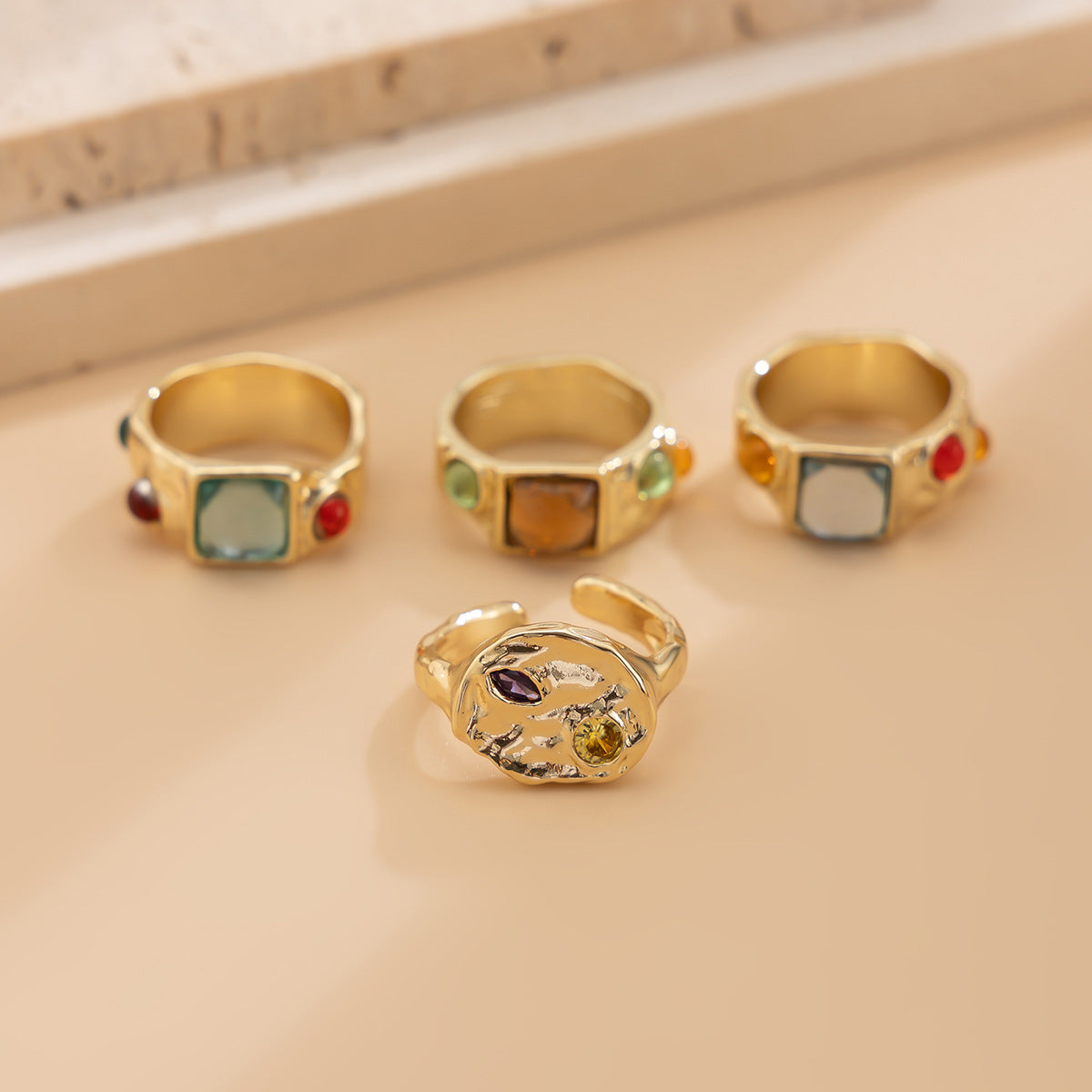 Wholesale Colorful inlaid geometric irregular alloy ring