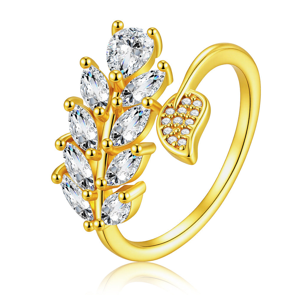 Wholesale Gold Copper Zircon Leaf Open Ring Fashion Jewelry Accessory Gift For Women