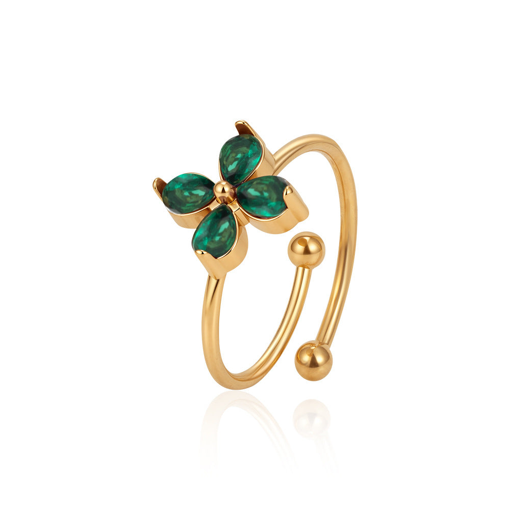 Wholesale Modern Flower Zircon Stainless Steel Adjustable Open Ring Boutique Resale Jewelry
