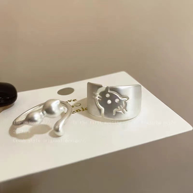 Wholesale Cartoon Cute Silver Matte Cat Ring