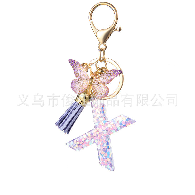 Wholesale Purple Star Tassel Resin Keychain 26 English Letters Bag Charm For Women Students Fashion Decorative Accessory