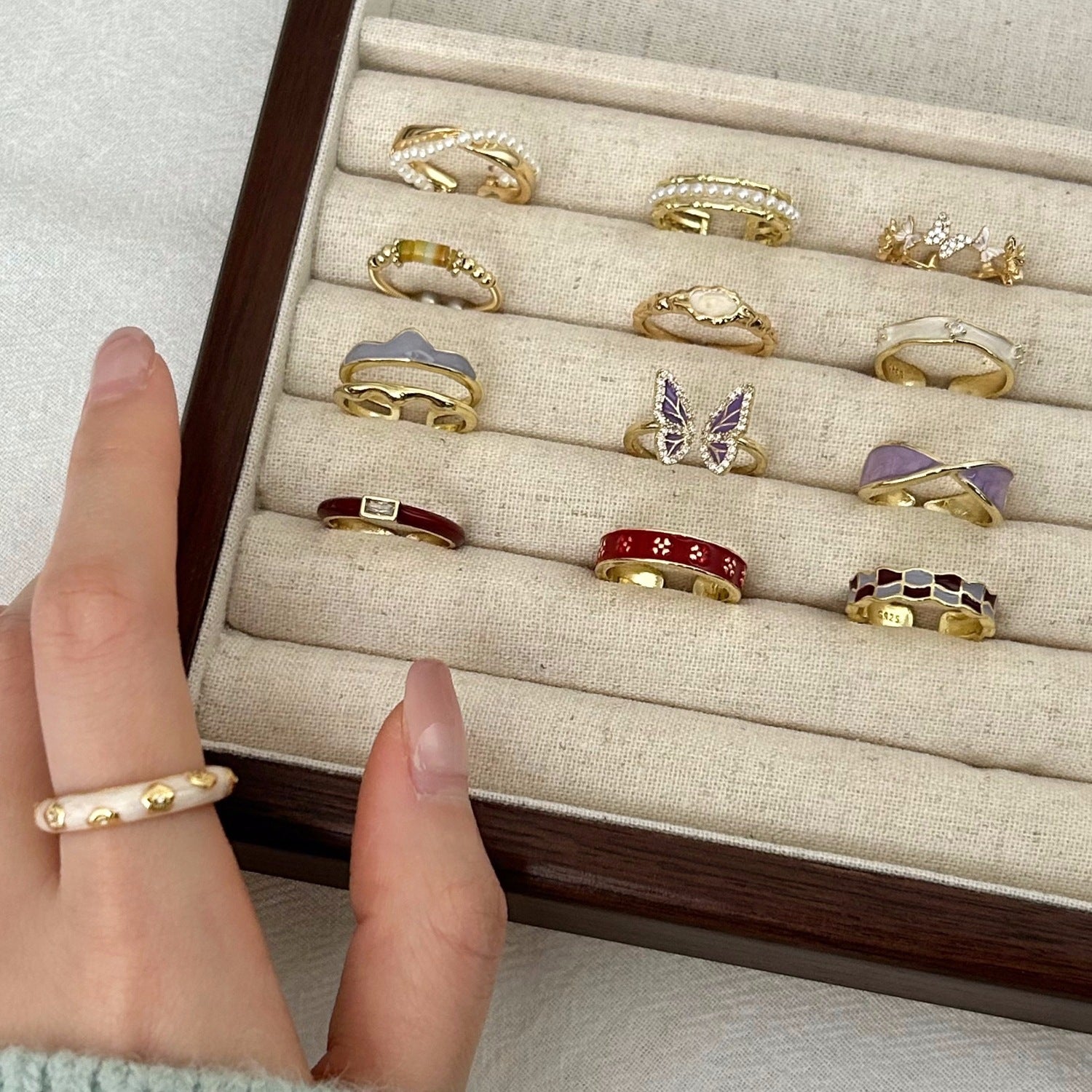 Wholesale Colored Enamel Butterfly Ring Pearl Open Ring ACC-RS-Yues008