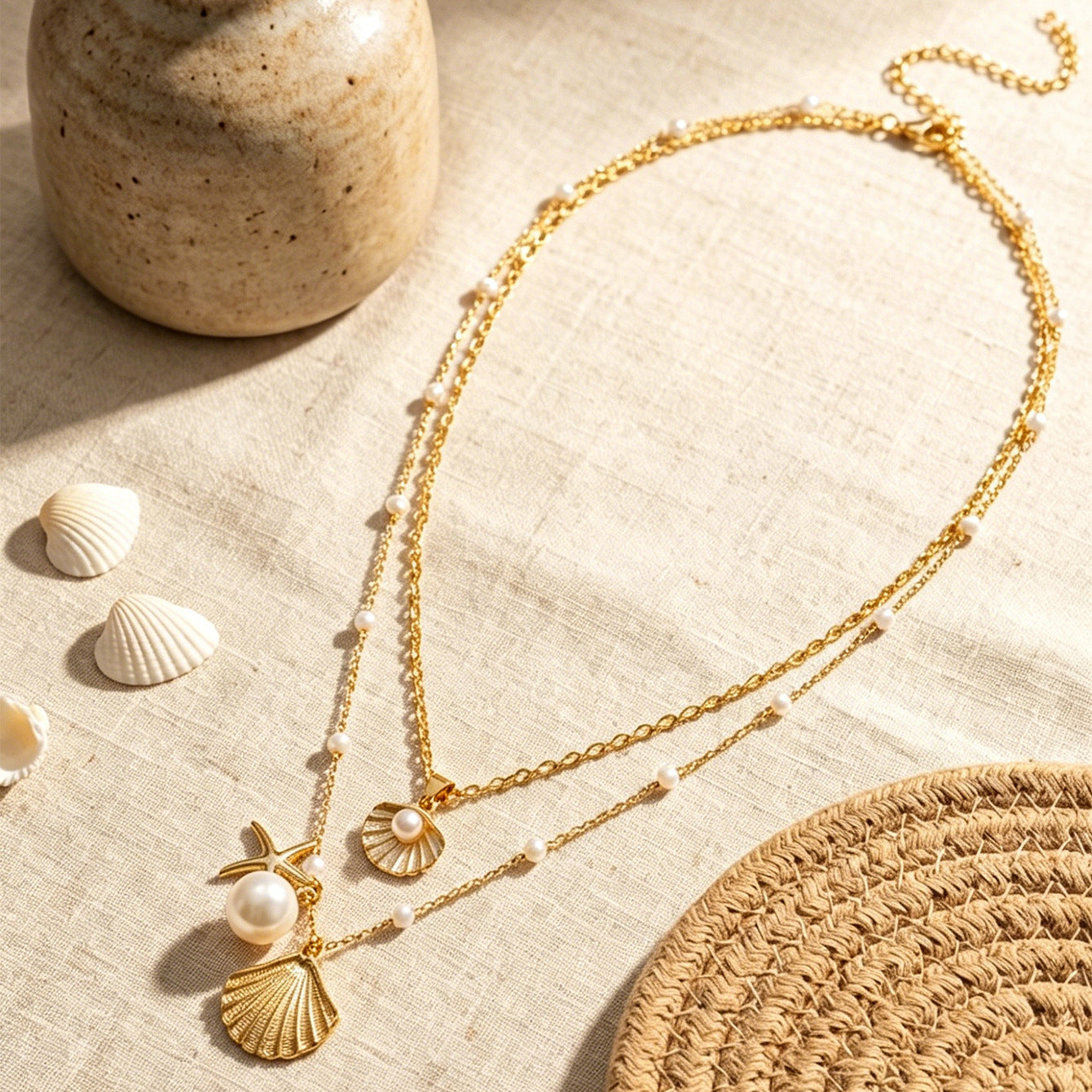 Wholesale Stylish Layered Starfish Shell Pearl Pendant Necklace Ocean Charm Jewelry For Women Boutique Resale Gift