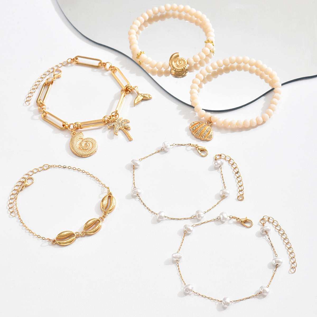 Wholesale Bohemian  Rice Bead Bracelet Alloy Conch Shell Pendant Bracelet Set