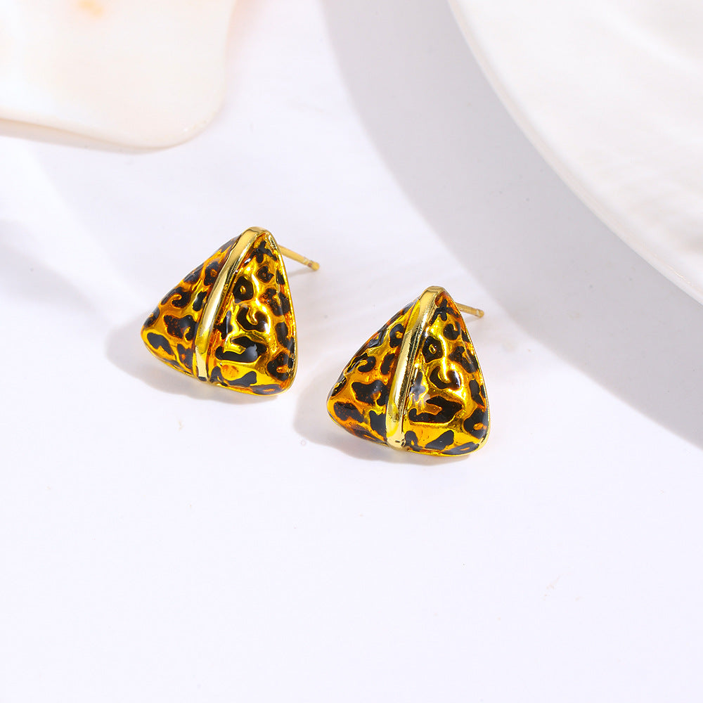 Wholesale  Retro Oil Dripping Geometric C-Shaped Leopard Print Earrings