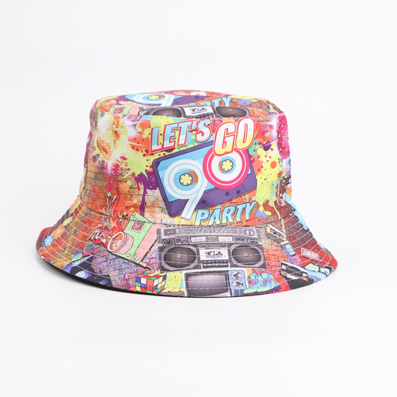 Wholesale  retro printed 80s 90s fisherman hat  double-sided basin hat outdoor bucket hat