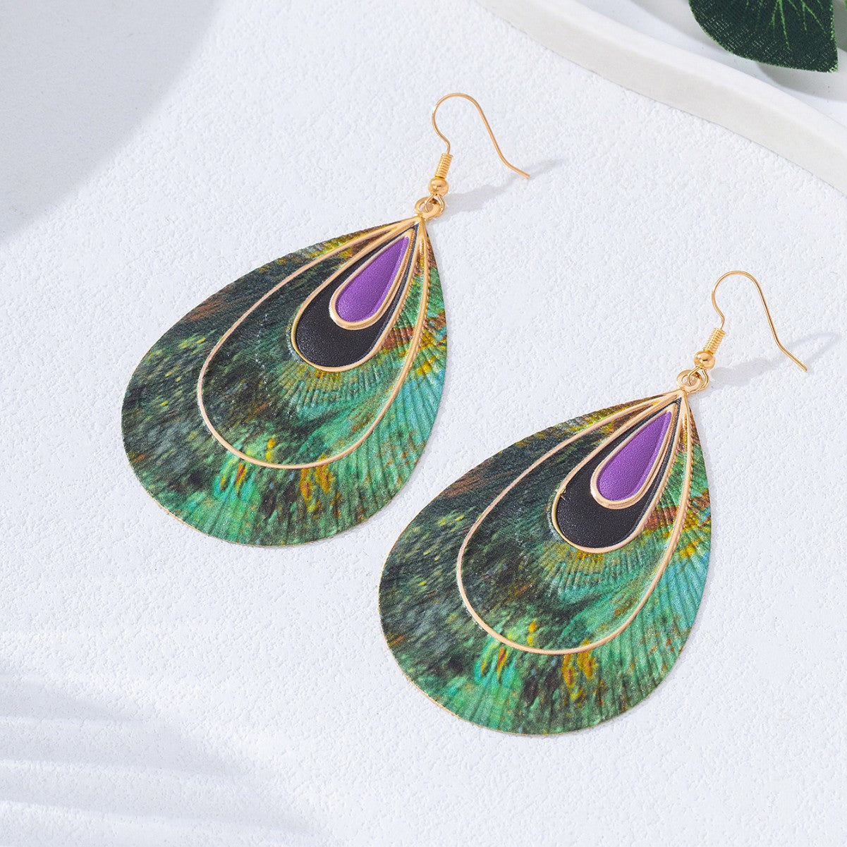 Wholesale Trendy Green Peacock Print Water Drop Earrings For Women Party Jewelry Accessory