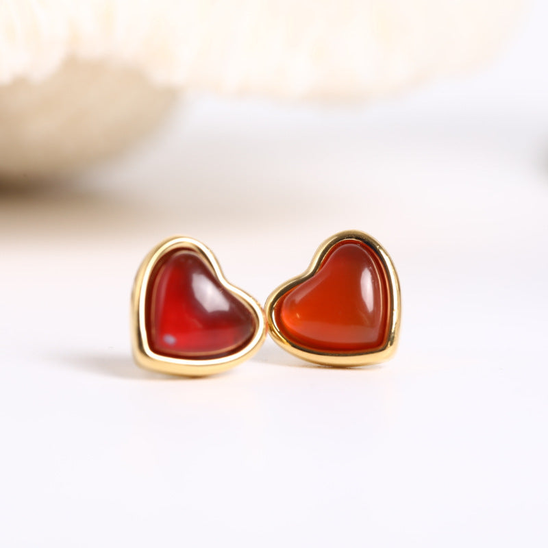 Wholesale Titanium Steel Natural Stone Red Agate Pendant Necklace Heart-Shaped Necklace Earrings