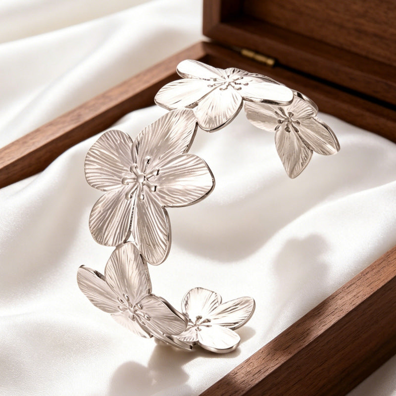 Wholesale Stainless Steel Electroplated Flower Open Cuff Bracelet - Trendy Boutique Resale Jewelry