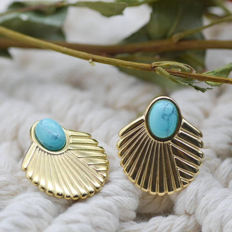 Wholesale Natural Stone Earrings 18K Gold Stainless Steel Bohemian Fan-shaped Turquoise Earrings