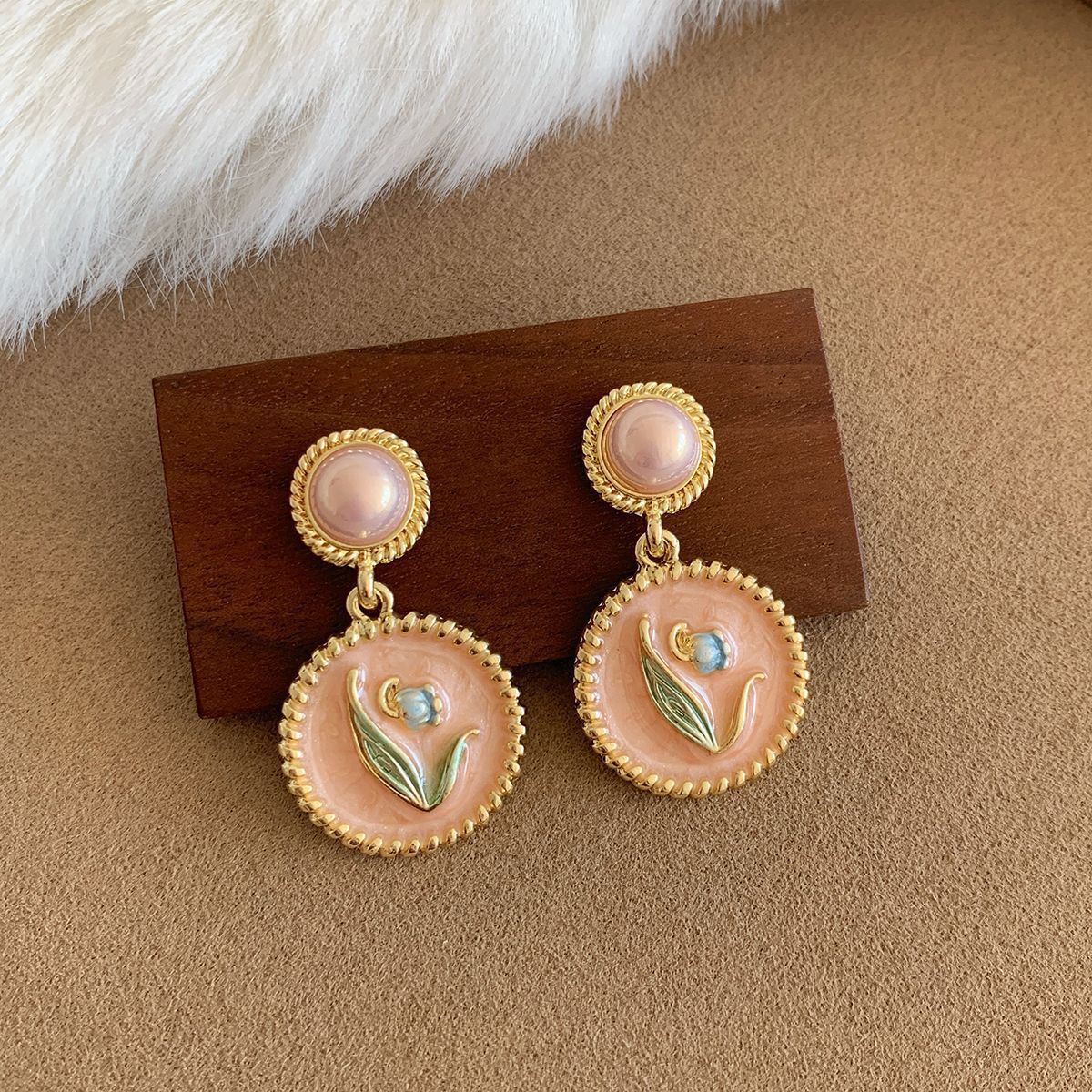 Wholesale oil painting pearl Monet garden earrings silver needle exquisite  design sense of medieval earrings