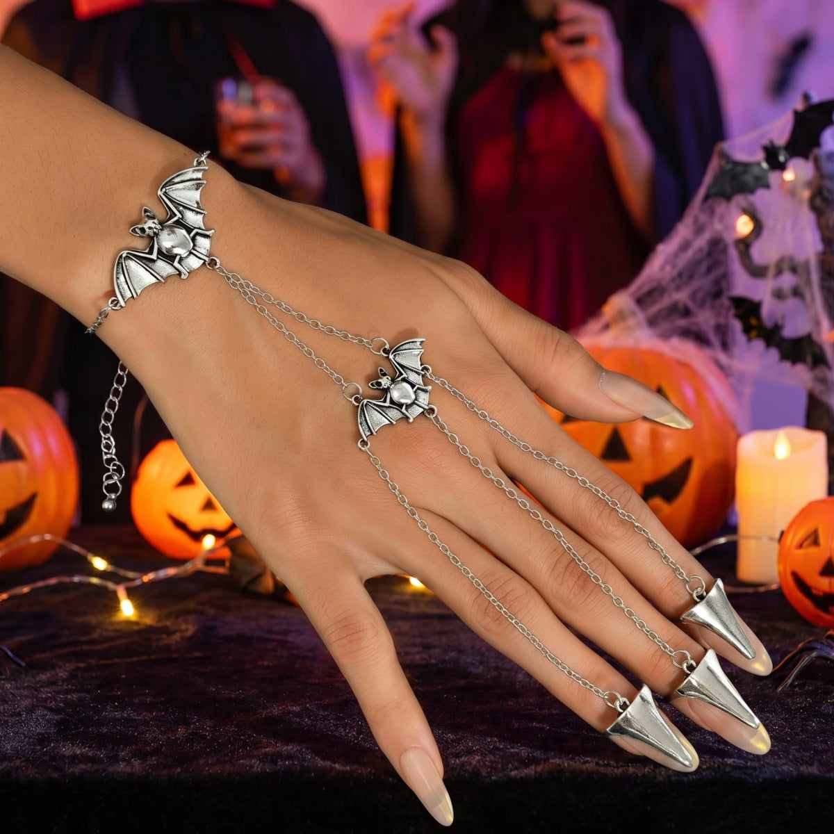 Wholesale Dark Vintage  Bat Ring Bracelet Set - Zinc Alloy Antique Silver Hand Chain,  Women' s Fashion Accessory