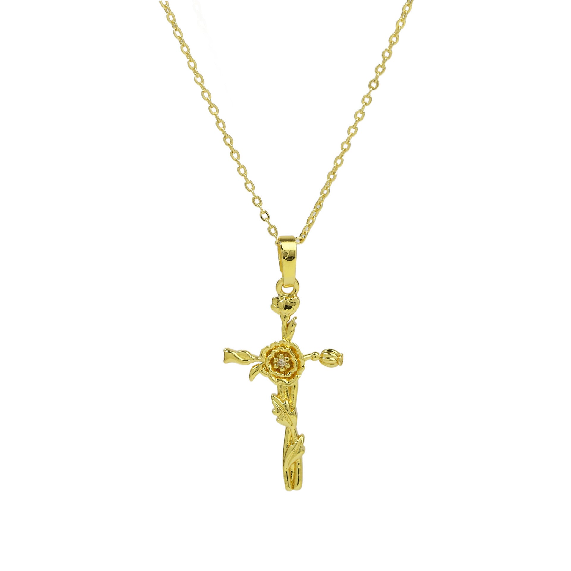Wholesale  Brass Plated 18k December Flower Cross Pendant Necklace