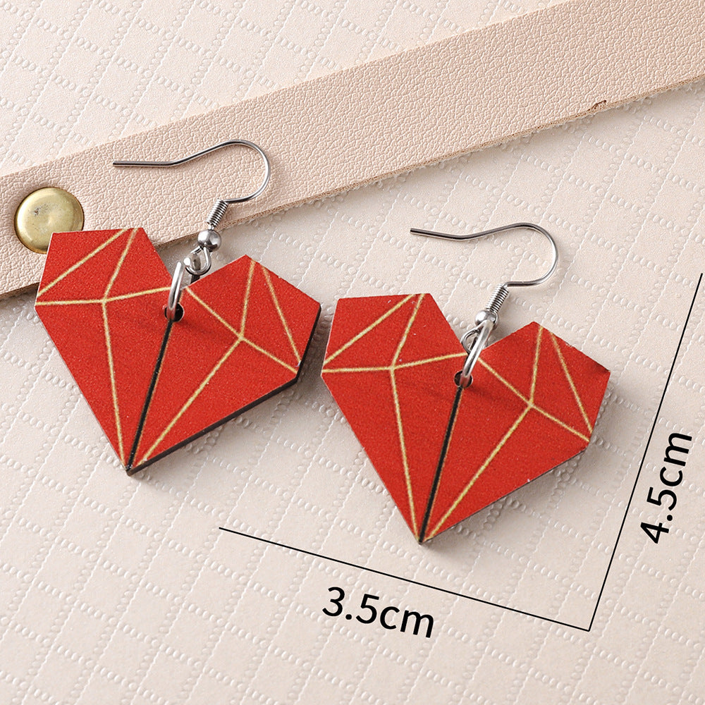 Wholesale  Valentine's Day Diamond Shape Love Pendant  Wooden Double-sided Earrings