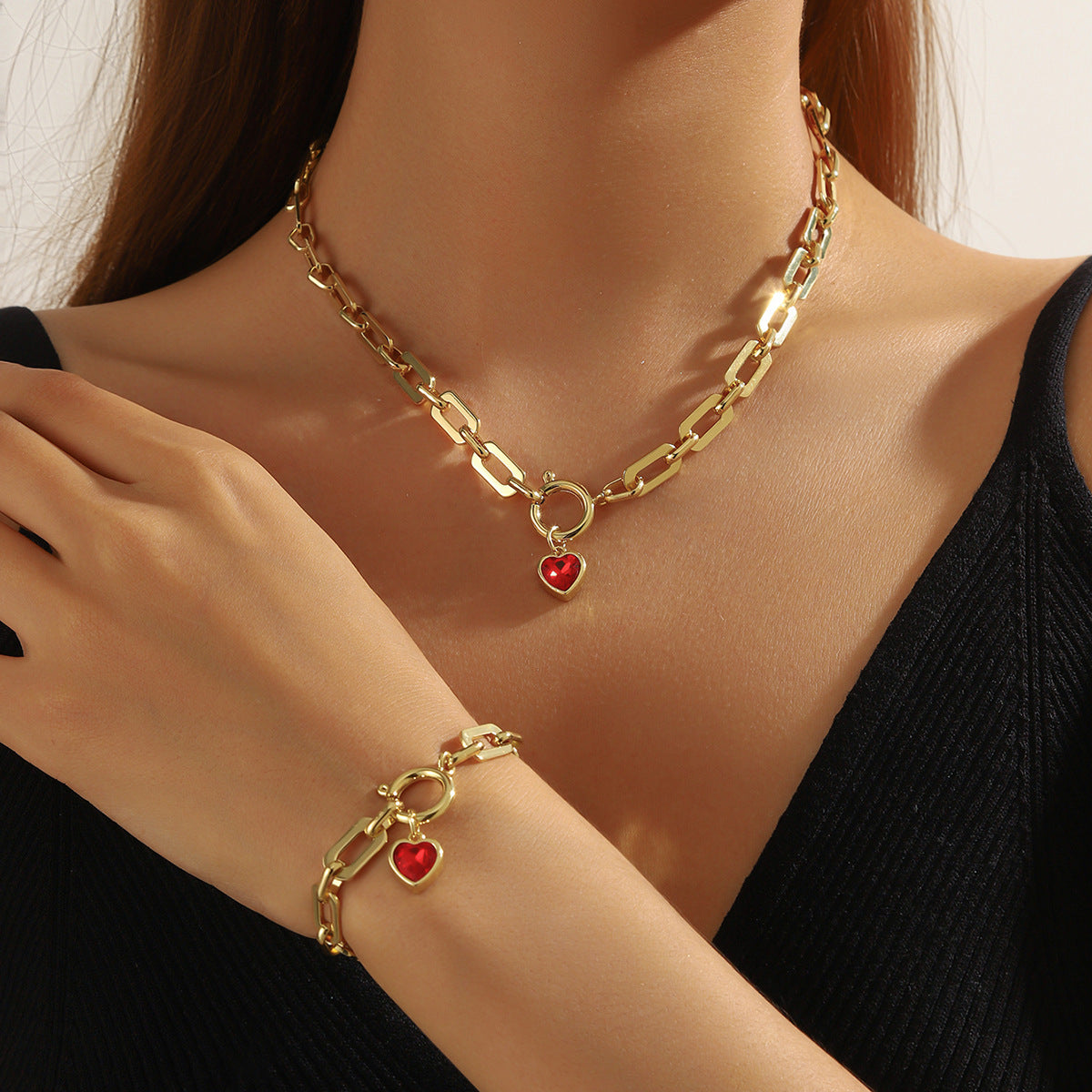 Wholesale Necklace  Niche Design Heart Pendant Simple High-End Turquoise Clavicle Chain Bracelet Set