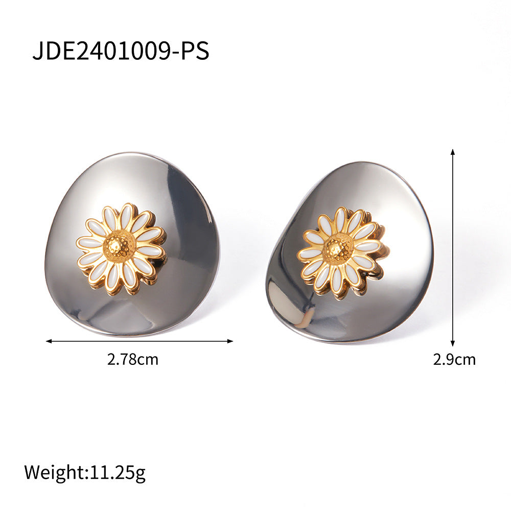 Wholesale Steel Color Oil Drop Stainless Steel Disc White Oil Drop Small Daisy Earrings ACC-ES-JieDing001