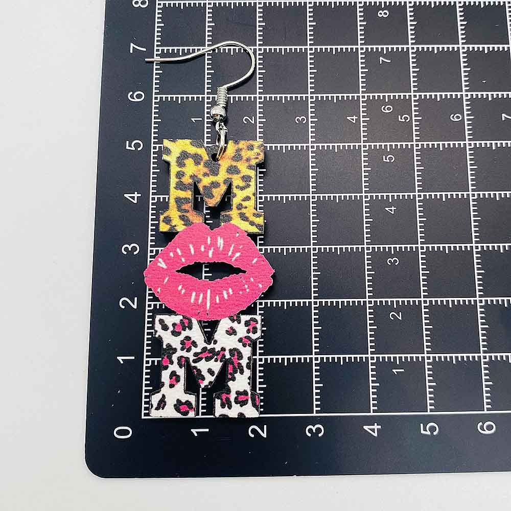 Wholesale Mother's Day Leopard Pink Lip Print MOM Wooden Earrings ACC-ES-CY010