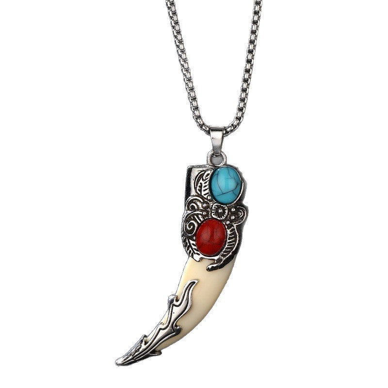 Wholesale Stainless Steel Ethnic Retro Wolf Tooth Pendant Necklace White Charm With Pearl Chain Fashion Accessory For Everyday Wear